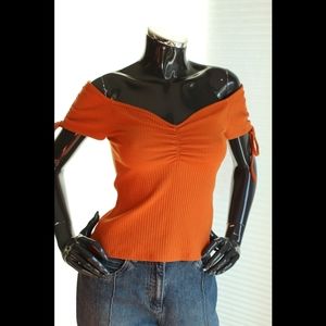 MINKPINK orange ribbed off the shoulder top